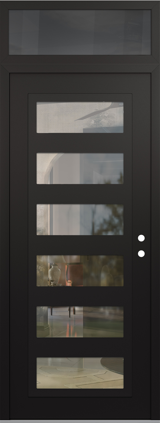 Modern Steel Front Door DIAMOND C9 36" X 96" BLACK/BLACK CLEAR GLASS PANEL BLACK LHI WITH TRANSOM MIRRORED GLASS
