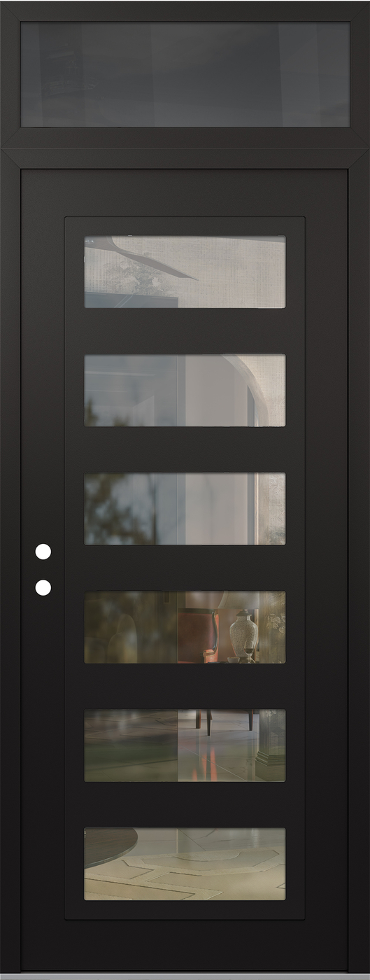Modern Steel Front Door DIAMOND C9 36" X 96" BLACK/BLACK CLEAR GLASS PANEL BLACK RHI WITH TRANSOM MIRRORED GLASS