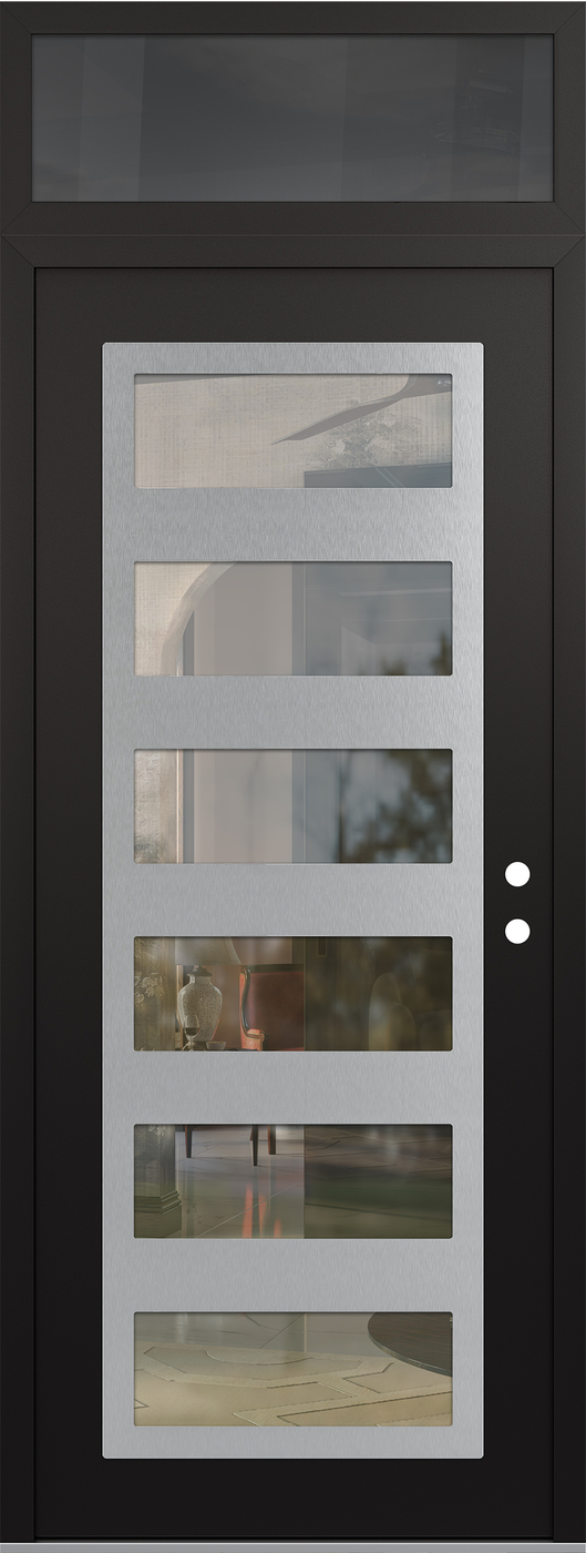 Modern Steel Front Door DIAMOND C9 36" X 96" BLACK/BLACK CLEAR GLASS PANEL STAINLESS STEEL LHI WITH TRANSOM MIRRORED GLASS