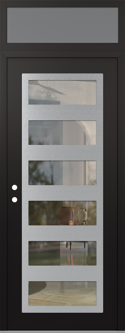 Modern Steel Front Door DIAMOND C9 36" X 96" BLACK/BLACK CLEAR GLASS PANEL STAINLESS STEEL RHI WITH TRANSOM FROSTED GLASS