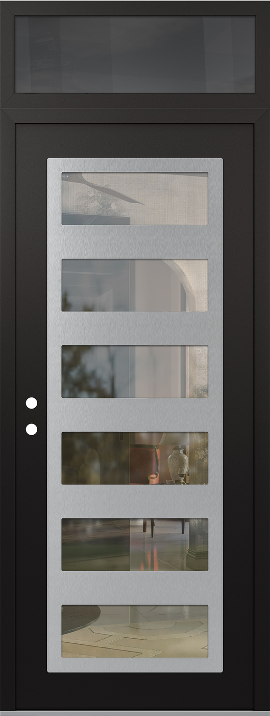 Modern Steel Front Door DIAMOND C9 36" X 96" BLACK/BLACK CLEAR GLASS PANEL STAINLESS STEEL RHI WITH TRANSOM MIRRORED GLASS