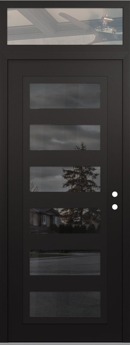 Modern Steel Front Door DIAMOND C9 36" X 96" BLACK/BLACK MIRRORED GLASS PANEL BLACK LHI WITH TRANSOM CLEAR GLASS
