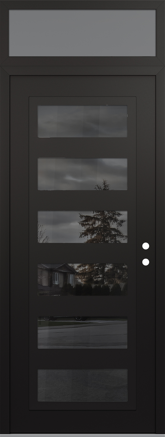 Modern Steel Front Door DIAMOND C9 36" X 96" BLACK/BLACK MIRRORED GLASS PANEL BLACK LHI WITH TRANSOM FROSTED GLASS