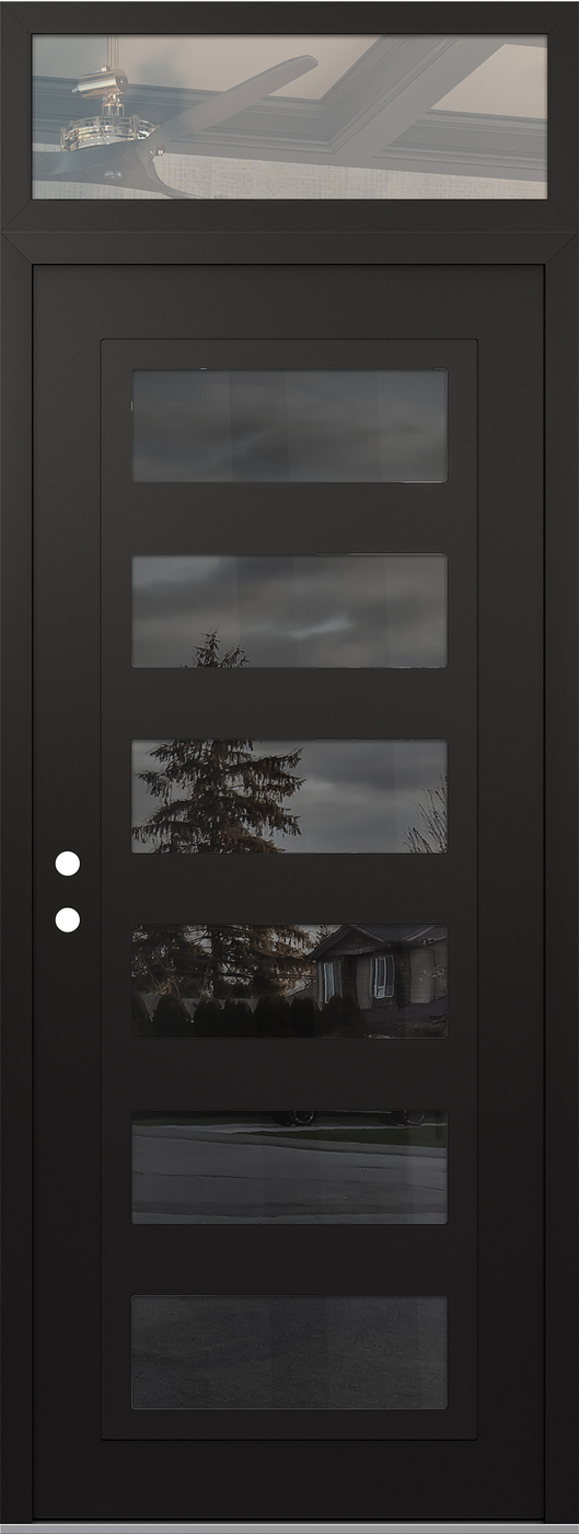 Modern Steel Front Door DIAMOND C9 36" X 96" BLACK/BLACK MIRRORED GLASS PANEL BLACK RHI WITH TRANSOM CLEAR GLASS