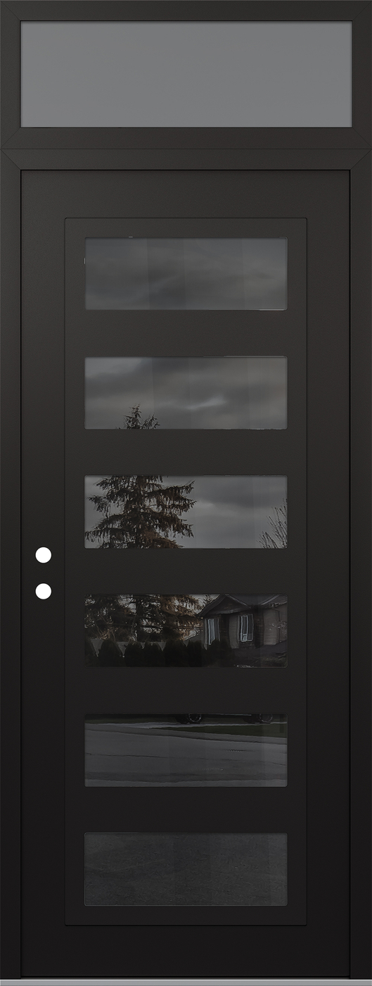 Modern Steel Front Door DIAMOND C9 36" X 96" BLACK/BLACK MIRRORED GLASS PANEL BLACK RHI WITH TRANSOM FROSTED GLASS