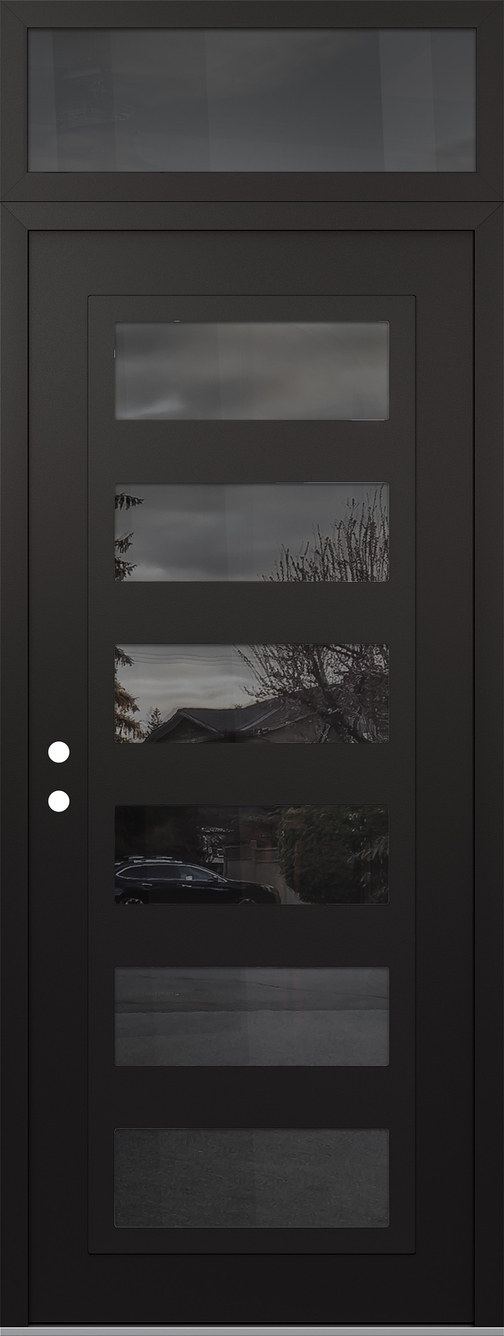 Modern Steel Front Door DIAMOND C9 36" X 96" BLACK/BLACK MIRRORED GLASS PANEL BLACK RHI WITH TRANSOM MIRRORED GLASS