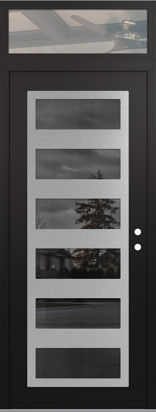 Modern Steel Front Door DIAMOND C9 36" X 96" BLACK/BLACK MIRRORED GLASS PANEL STAINLESS STEEL LHI WITH TRANSOM CLEAR GLASS