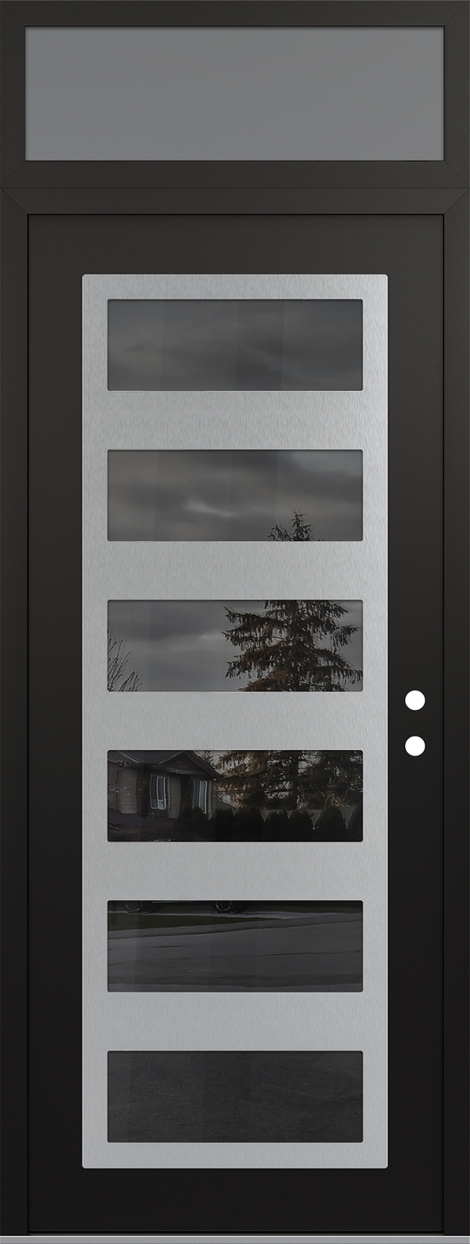 Modern Steel Front Door DIAMOND C9 36" X 96" BLACK/BLACK MIRRORED GLASS PANEL STAINLESS STEEL LHI WITH TRANSOM FROSTED GLASS