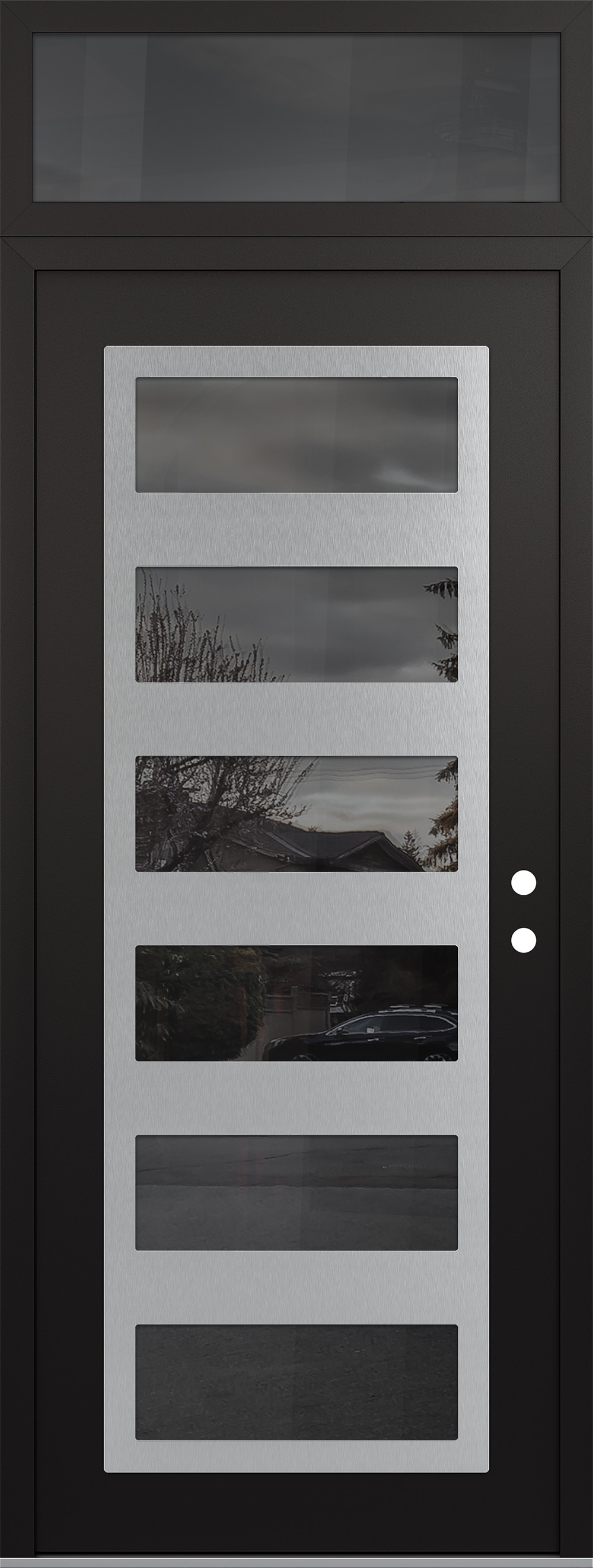 Modern Steel Front Door DIAMOND C9 36" X 96" BLACK/BLACK MIRRORED GLASS PANEL STAINLESS STEEL LHI WITH TRANSOM MIRRORED GLASS