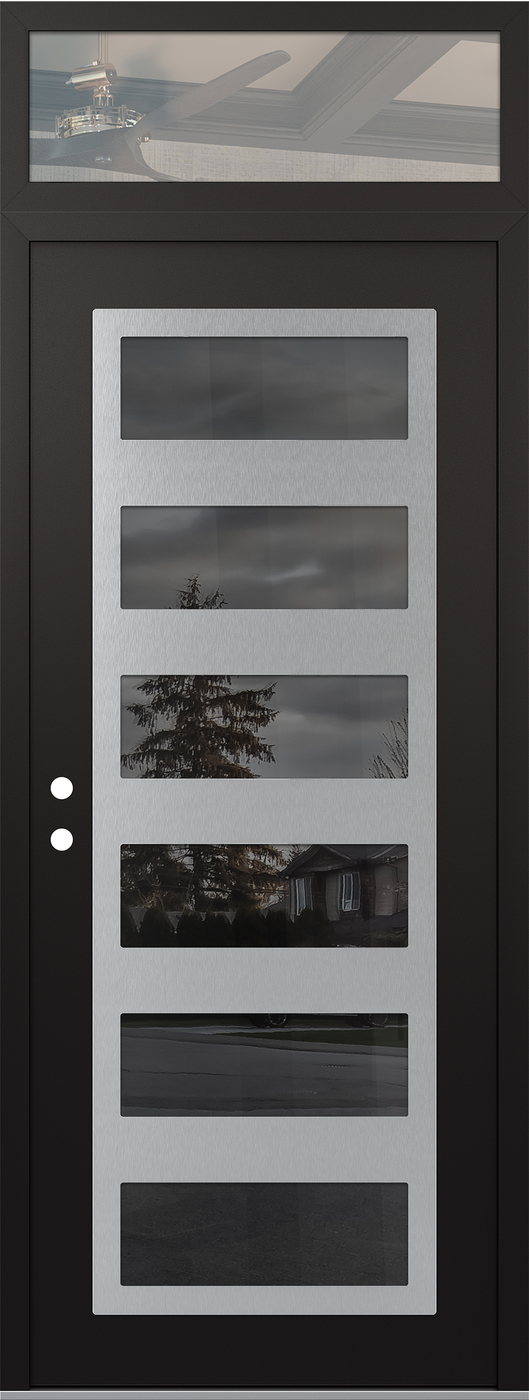 Modern Steel Front Door DIAMOND C9 36" X 96" BLACK/BLACK MIRRORED GLASS PANEL STAINLESS STEEL RHI WITH TRANSOM CLEAR GLASS