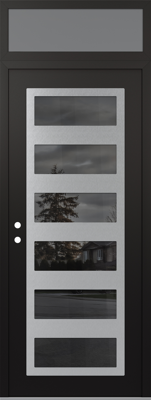 Modern Steel Front Door DIAMOND C9 36" X 96" BLACK/BLACK MIRRORED GLASS PANEL STAINLESS STEEL RHI WITH TRANSOM FROSTED GLASS