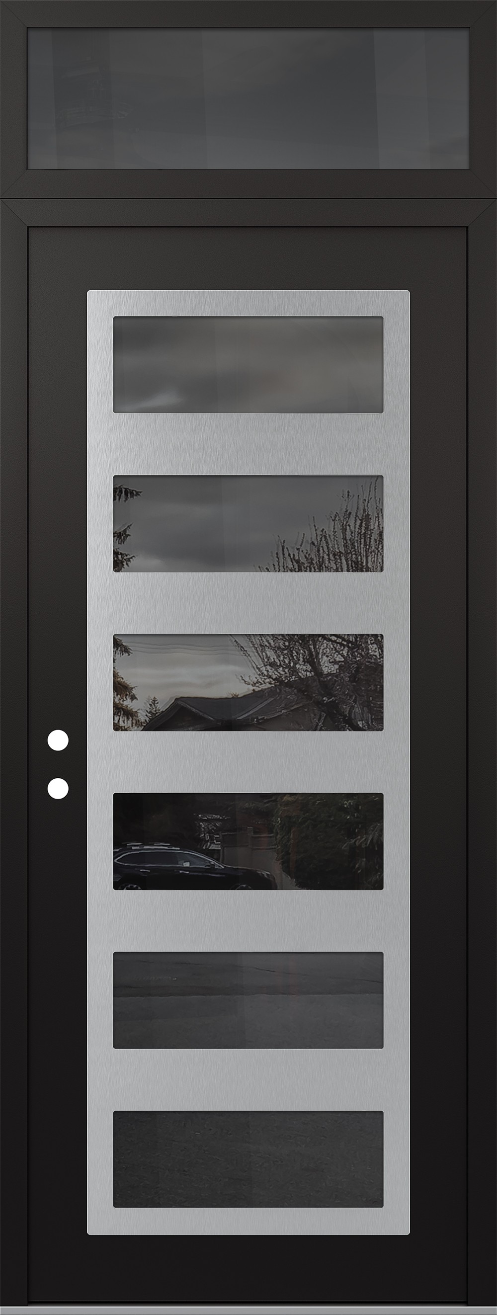 Modern Steel Front Door DIAMOND C9 36" X 96" BLACK/BLACK MIRRORED GLASS PANEL STAINLESS STEEL RHI WITH TRANSOM MIRRORED GLASS