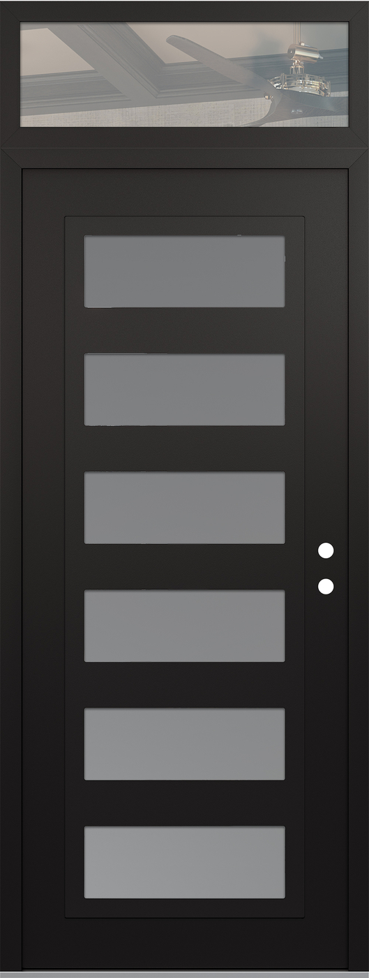 Modern Steel Front Door DIAMOND C9 36" X 96" BLACK/WHITE FROSTED GLASS PANEL BLACK LHI WITH TRANSOM CLEAR GLASS