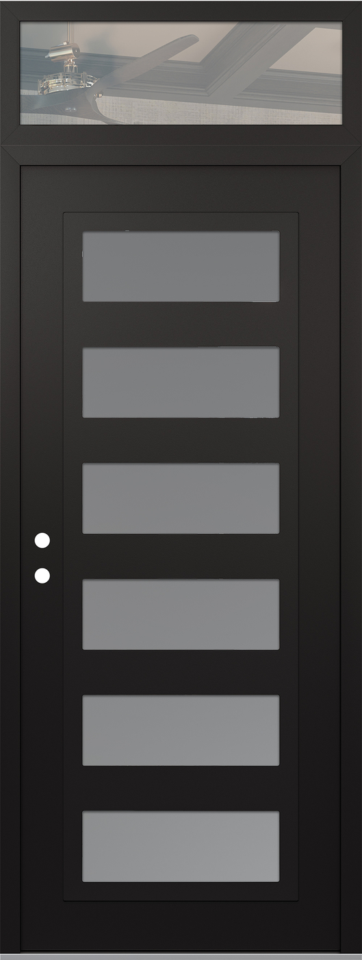 Modern Steel Front Door DIAMOND C9 36" X 96" BLACK/WHITE FROSTED GLASS PANEL BLACK RHI WITH TRANSOM CLEAR GLASS