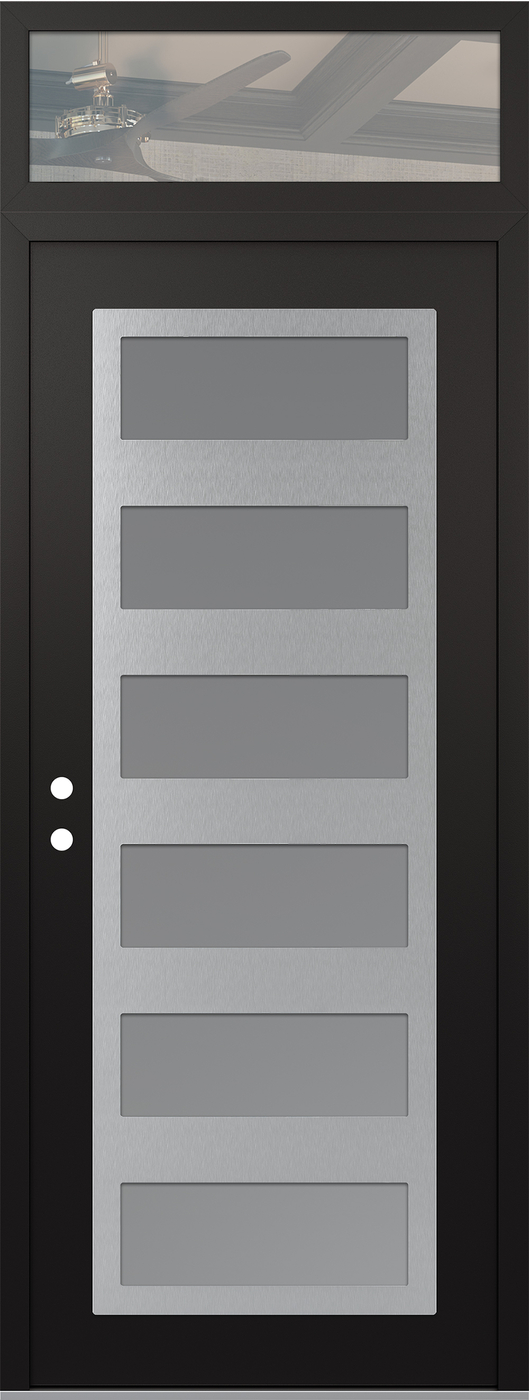 Modern Steel Front Door DIAMOND C9 36" X 96" BLACK/WHITE FROSTED GLASS PANEL STAINLESS STEEL RHI WITH TRANSOM CLEAR GLASS