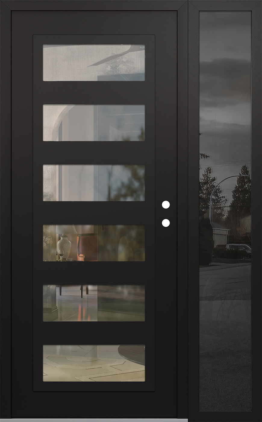Modern Steel Front Door Diamond C9 48" x 80" black/black clear Glass Panel black LHI with Sidelite mirrored Glass