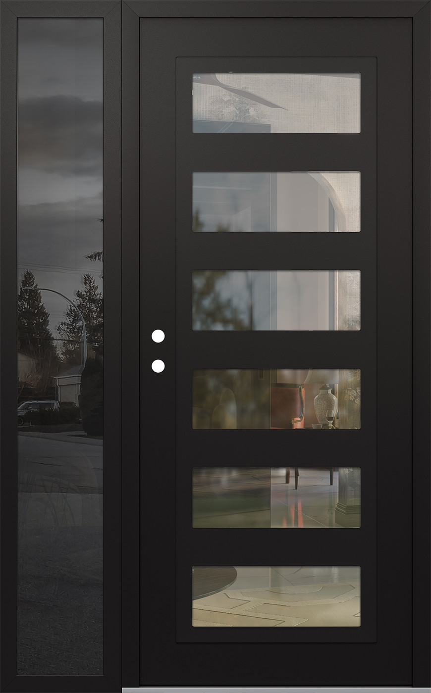 Modern Steel Front Door Diamond C9 48" x 80" black/black clear Glass Panel black RHI with Sidelite mirrored Glass