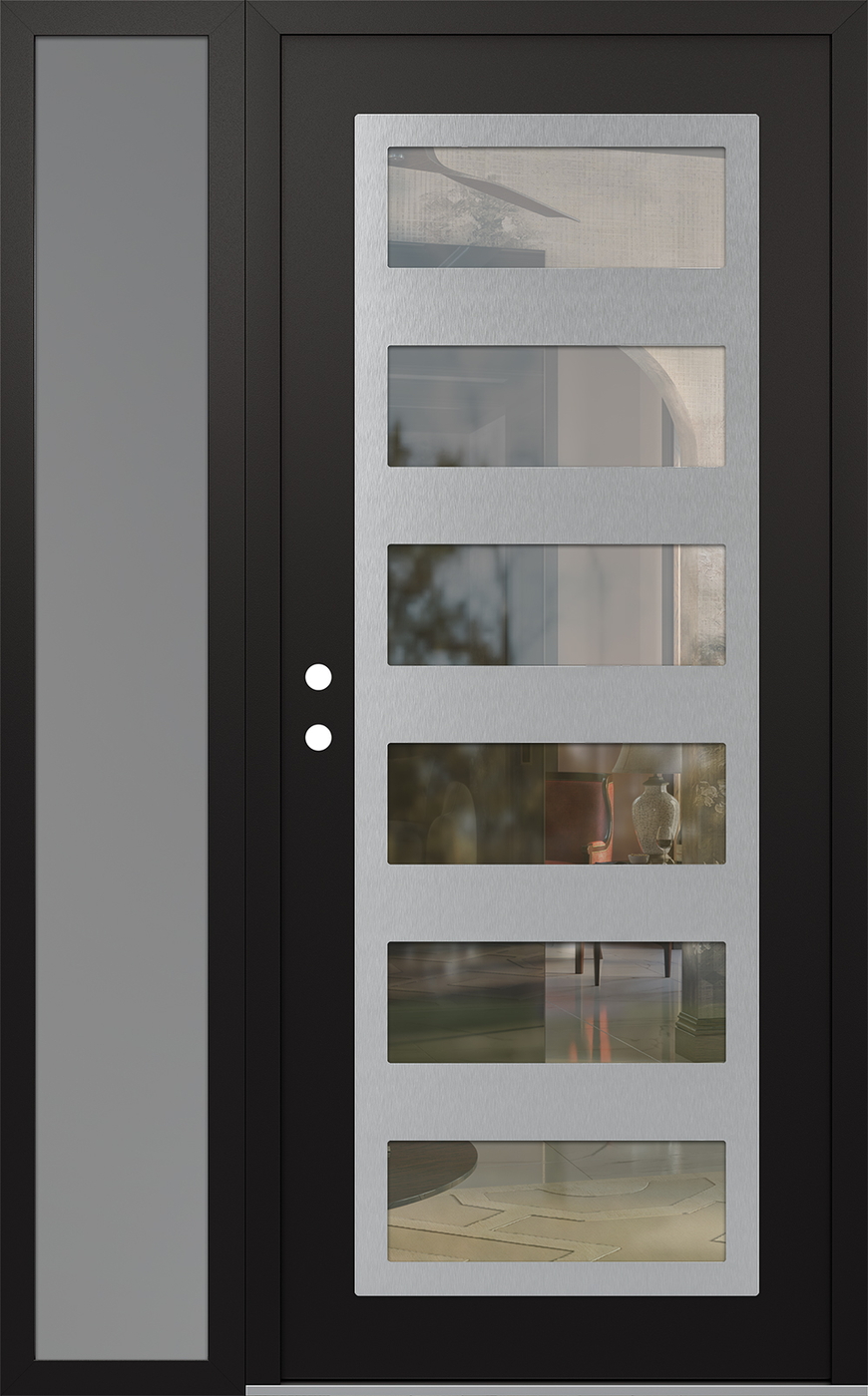 Modern Steel Front Door Diamond C9 48" x 80" black/black clear Glass Panel stainless steel RHI with Sidelite frosted Glass