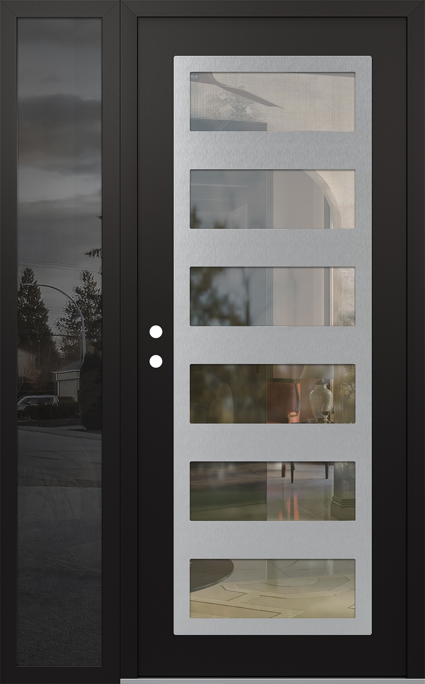 Modern Steel Front Door Diamond C9 48" x 80" black/black clear Glass Panel stainless steel RHI with Sidelite mirrored Glass