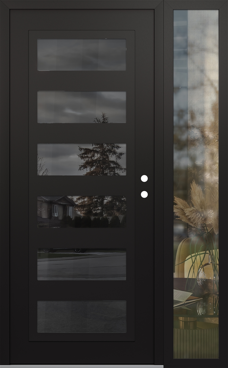 Modern Steel Front Door Diamond C9 48" x 80" black/black mirrored Glass Panel black LHI with Sidelite clear Glass