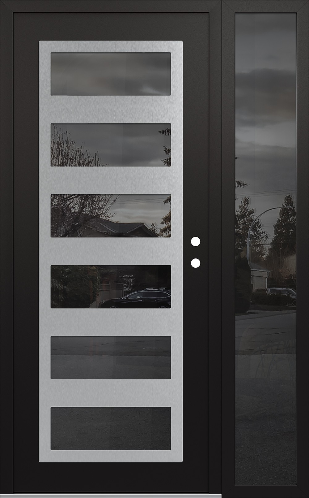 Modern Steel Front Door Diamond C9 48" x 80" black/black mirrored Glass Panel stainless steel LHI with Sidelite mirrored Glass