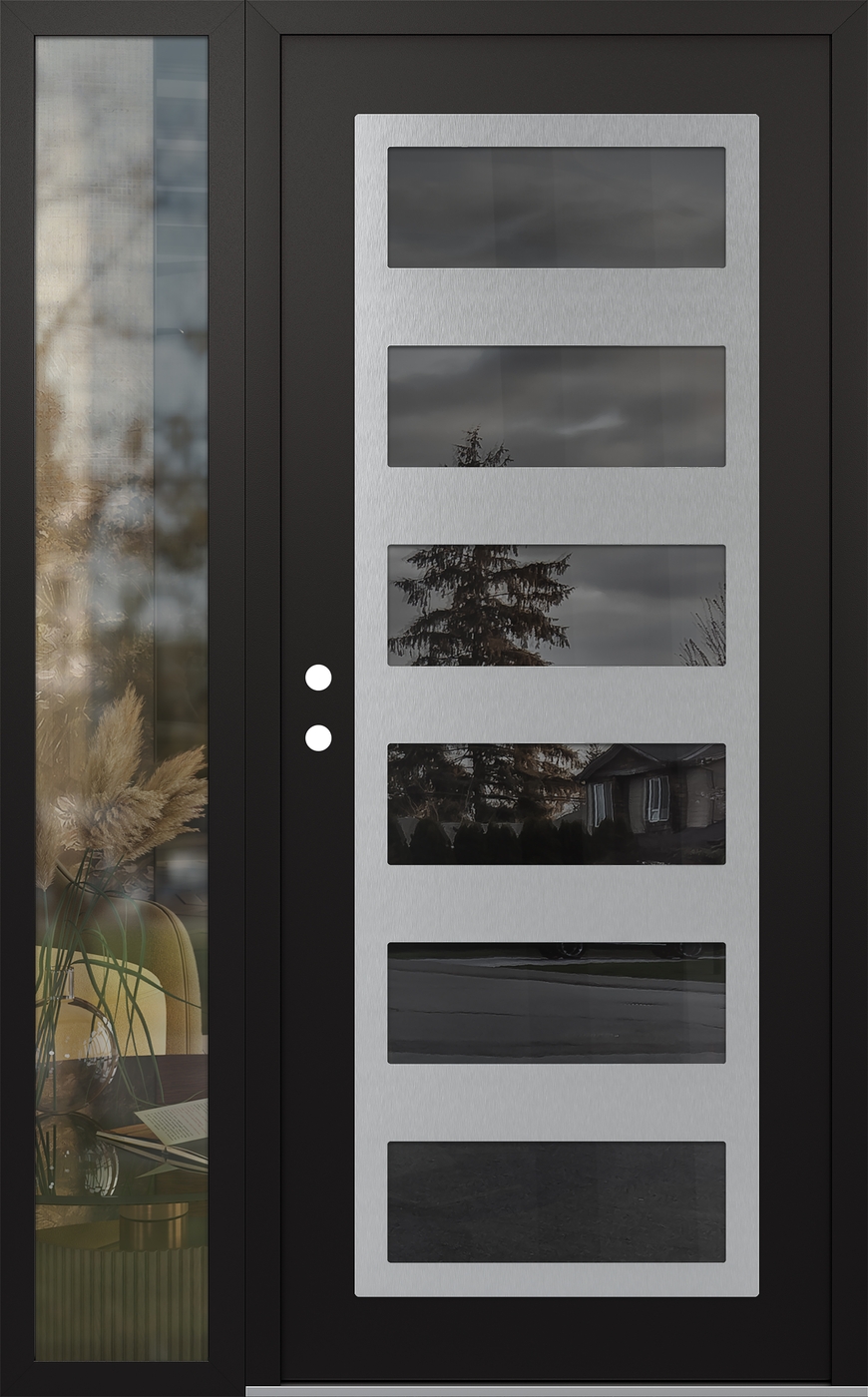 Modern Steel Front Door Diamond C9 48" x 80" black/black mirrored Glass Panel stainless steel RHI with Sidelite clear Glass