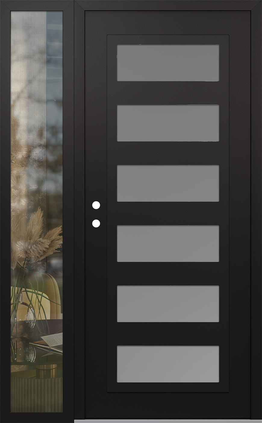 Modern Steel Front Door Diamond C9 48" x 80" black/white frosted Glass Panel black RHI with Sidelite clear Glass