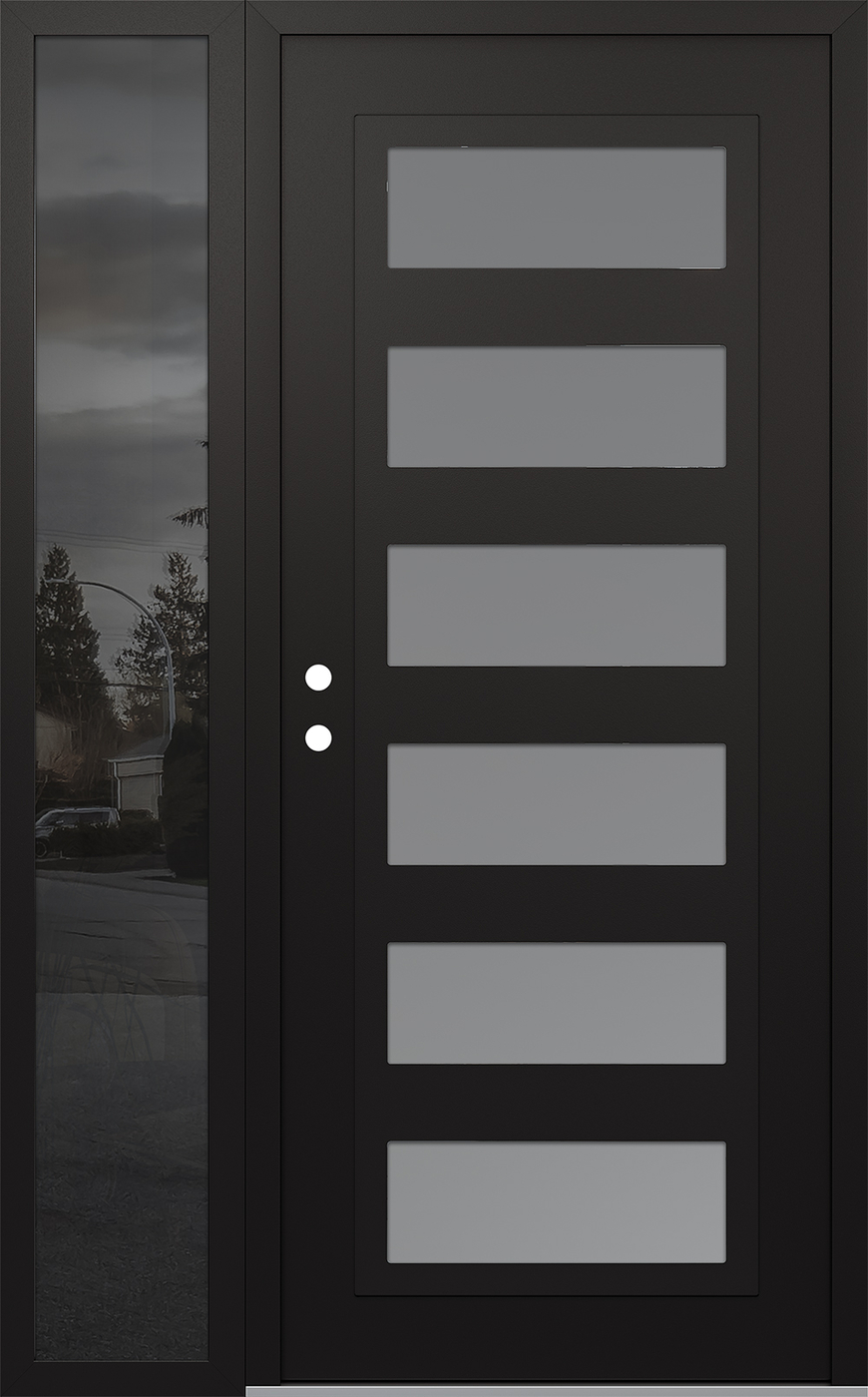 Modern Steel Front Door Diamond C9 48" x 80" black/white frosted Glass Panel black RHI with Sidelite mirrored Glass