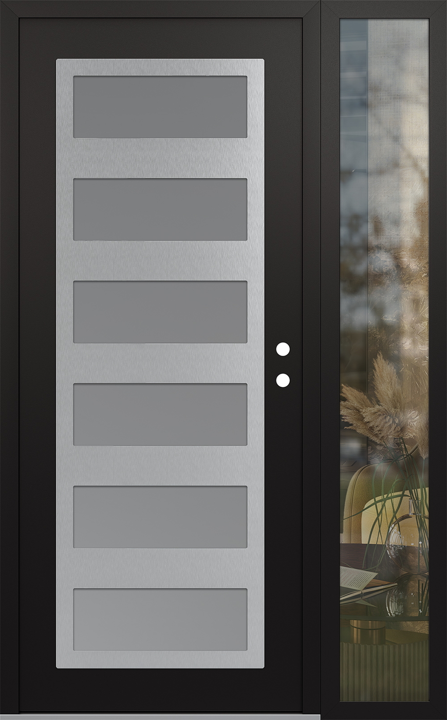 Modern Steel Front Door Diamond C9 48" x 80" black/white frosted Glass Panel stainless steel LHI with Sidelite clear Glass