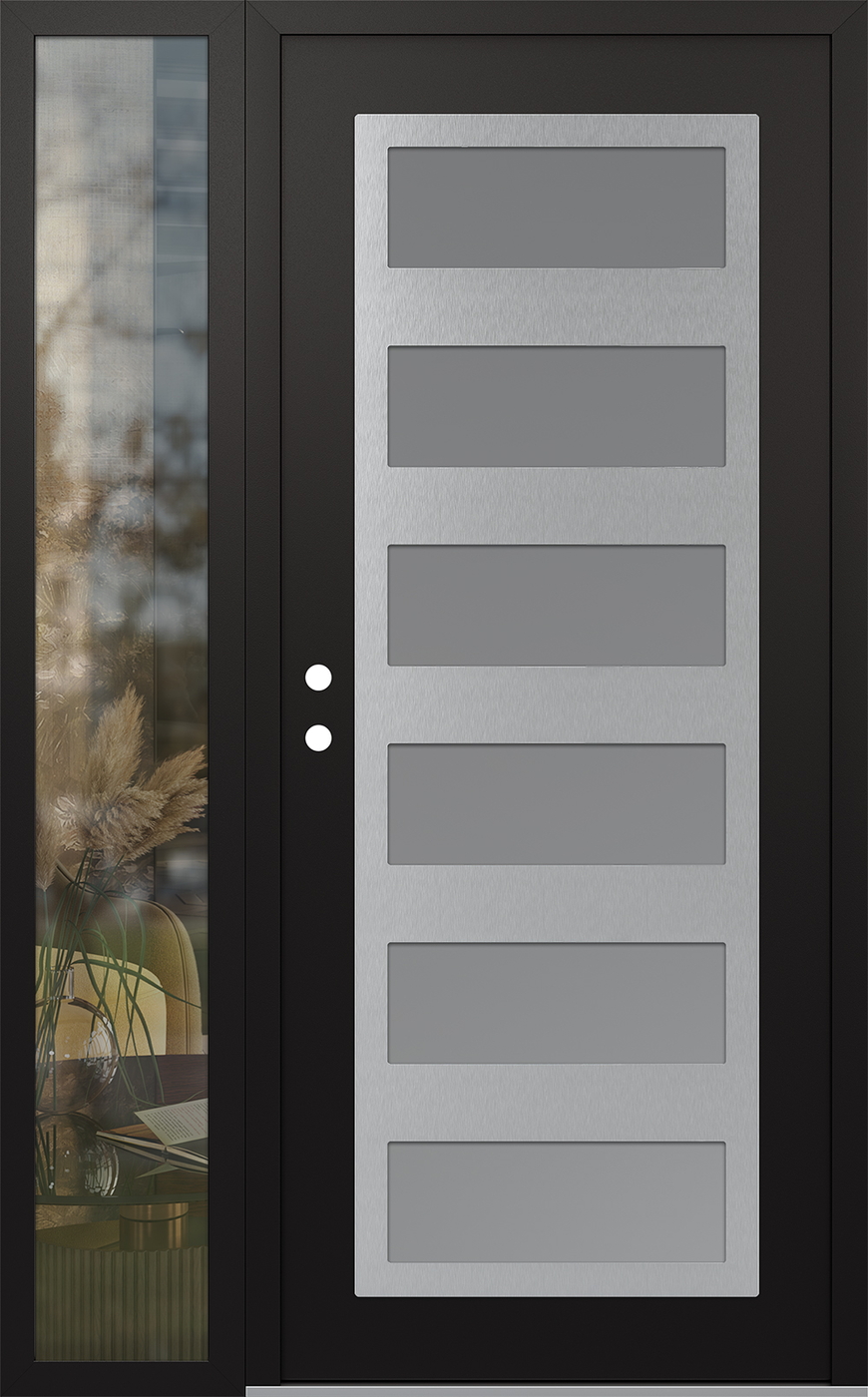Modern Steel Front Door Diamond C9 48" x 80" black/white frosted Glass Panel stainless steel RHI with Sidelite clear Glass