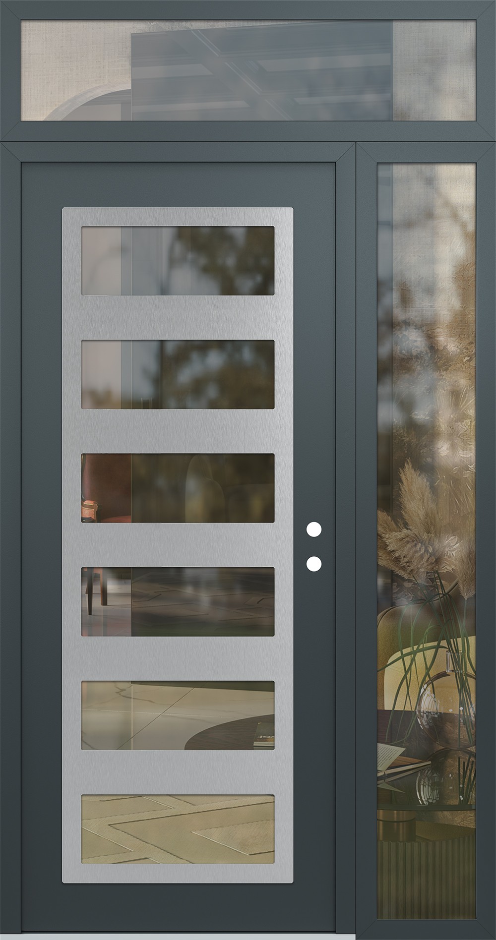 Modern Steel Front Door Diamond C9 48" x 96" anthracite/anthracite clear Glass Panel stainless steel LHI with Sidelite and Transom clear Glass
