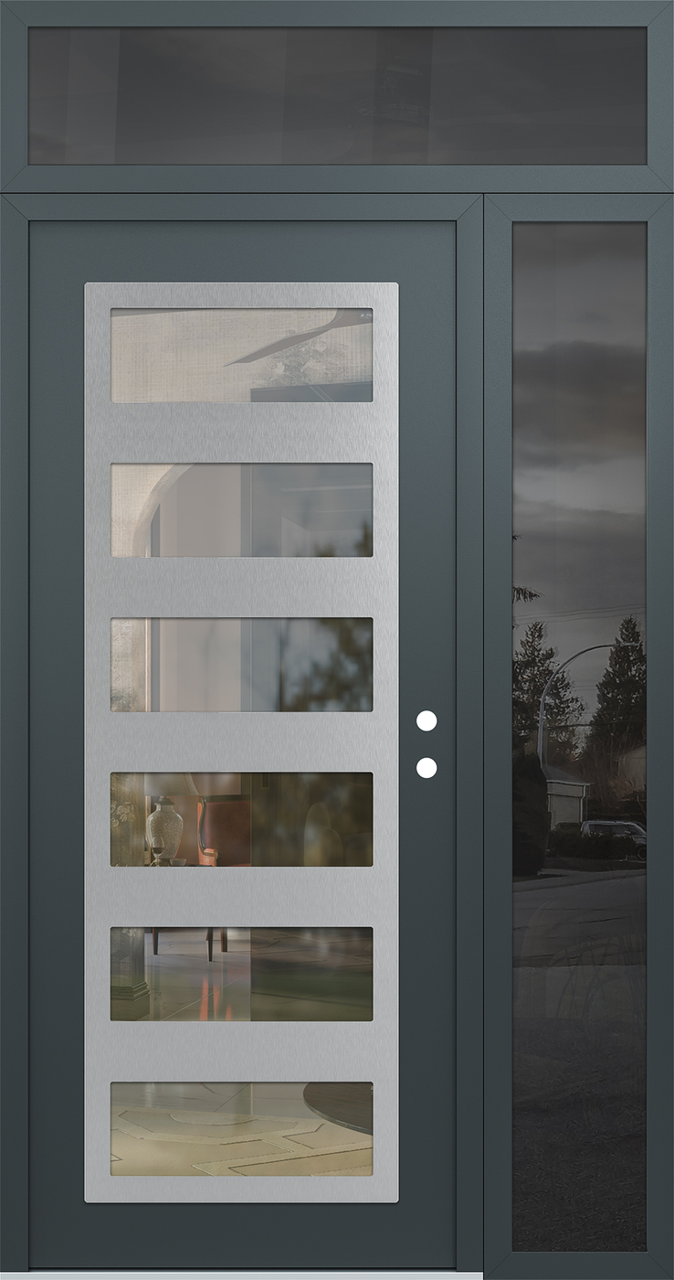 Modern Steel Front Door Diamond C9 48" x 96" anthracite/anthracite clear Glass Panel stainless steel LHI with Sidelite and Transom mirrored Glass