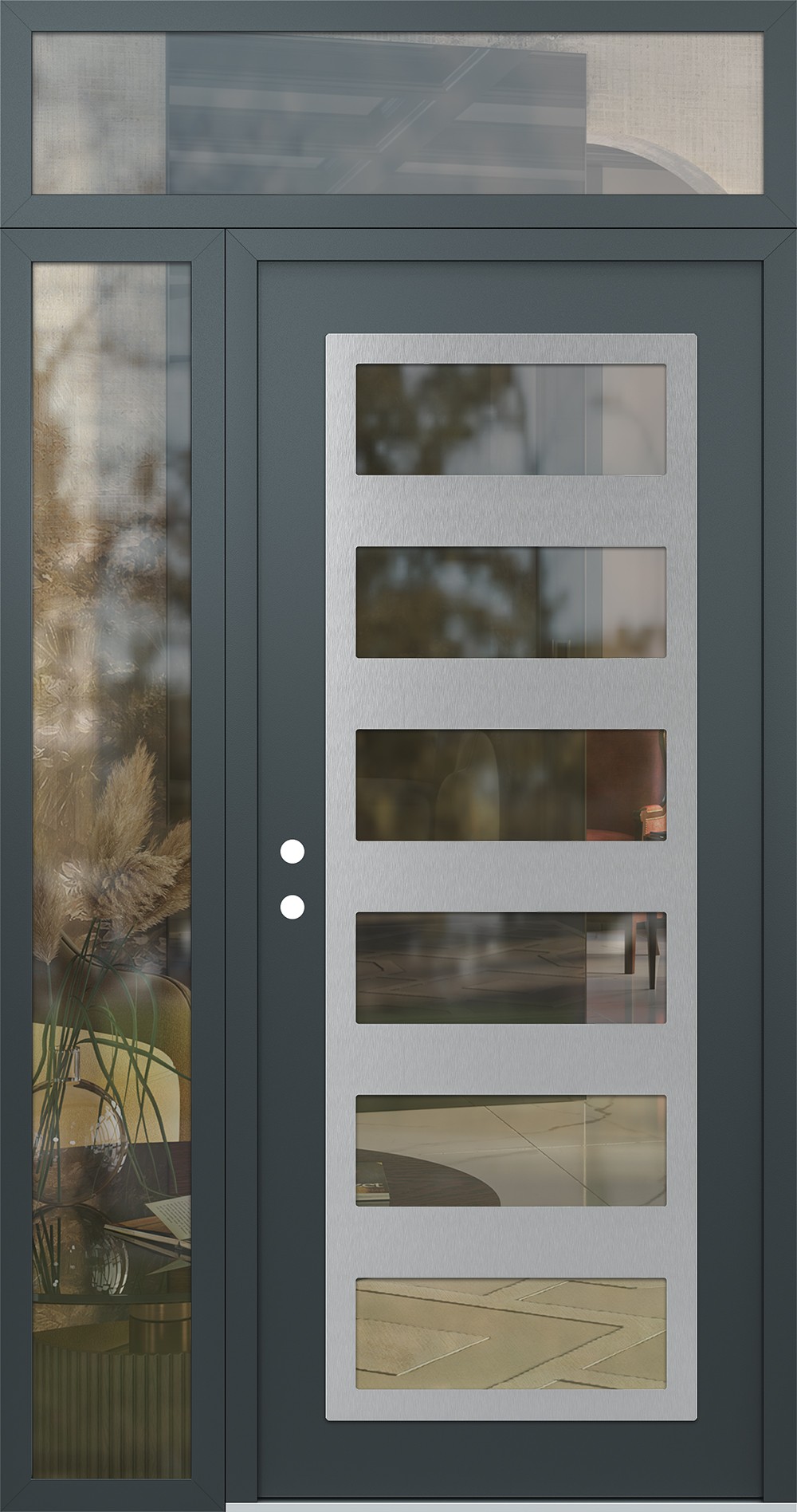 Modern Steel Front Door Diamond C9 48" x 96" anthracite/anthracite clear Glass Panel stainless steel RHI with Sidelite and Transom clear Glass