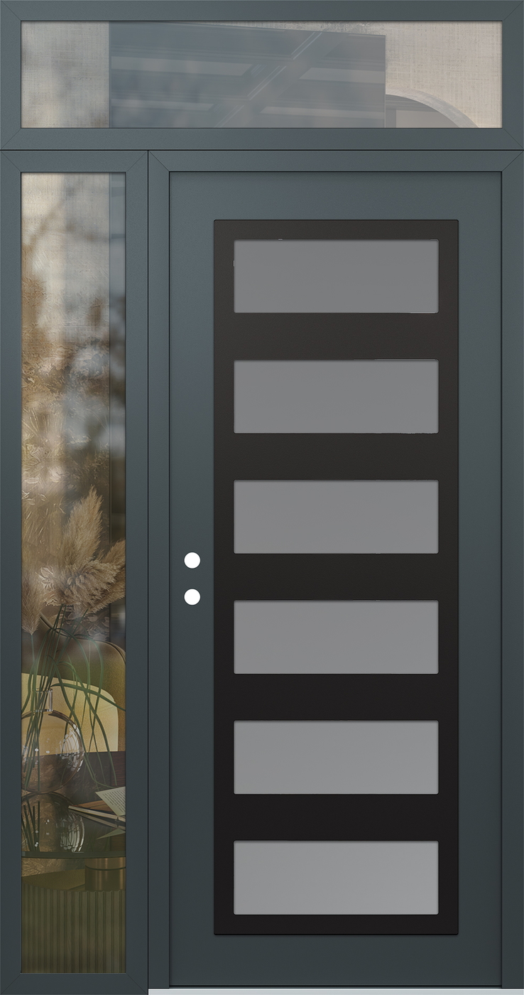 Modern Steel Front Door Diamond C9 48" x 96" anthracite/anthracite frosted Glass Panel black RHI with Sidelite and Transom clear Glass
