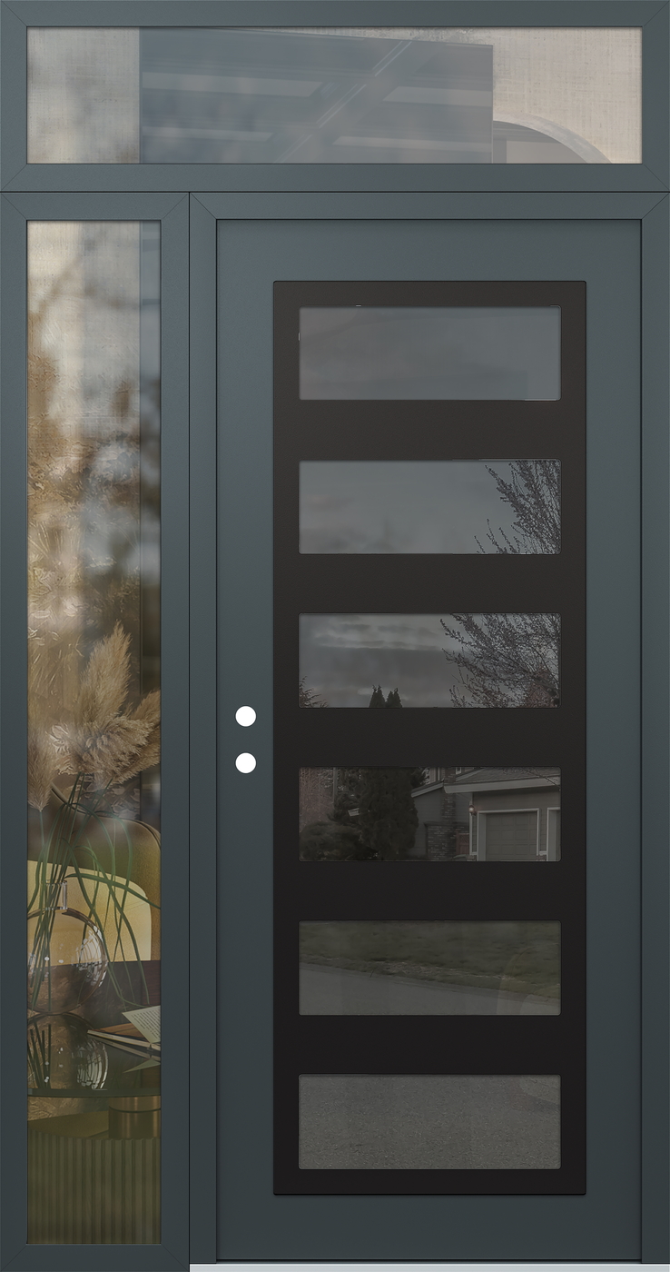 Modern Steel Front Door Diamond C9 48" x 96" anthracite/anthracite mirrored Glass Panel black RHI with Sidelite and Transom clear Glass