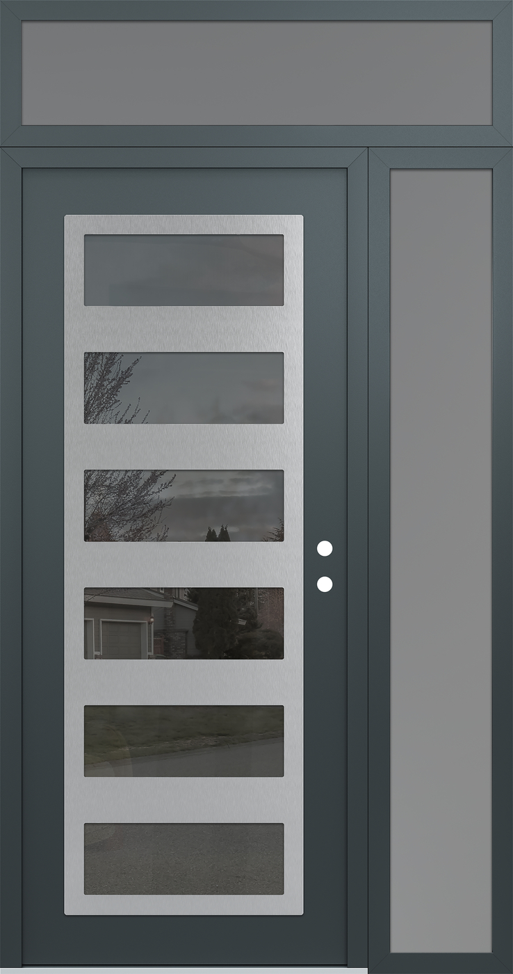 Modern Steel Front Door Diamond C9 48" x 96" anthracite/anthracite mirrored Glass Panel stainless steel LHI with Sidelite and Transom frosted Glass