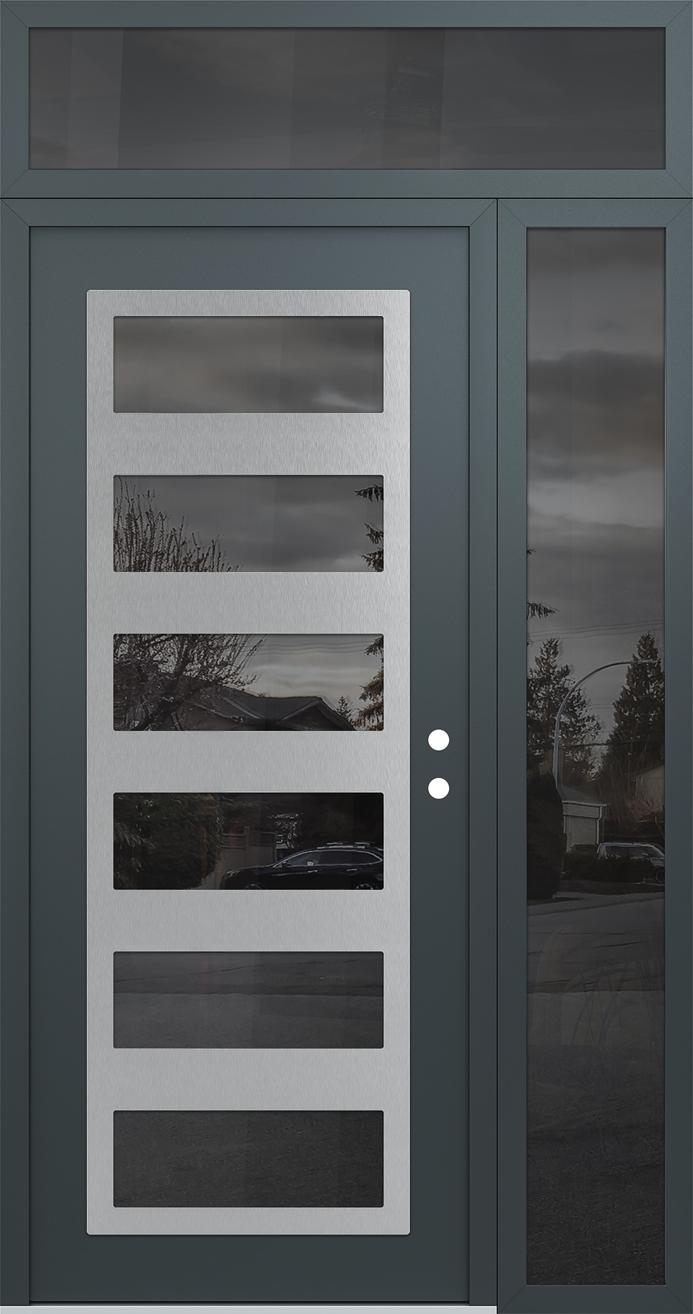 Modern Steel Front Door Diamond C9 48" x 96" anthracite/anthracite mirrored Glass Panel stainless steel LHI with Sidelite and Transom mirrored Glass