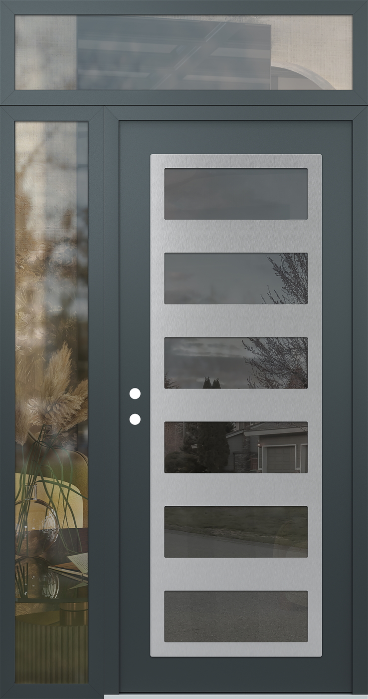 Modern Steel Front Door Diamond C9 48" x 96" anthracite/anthracite mirrored Glass Panel stainless steel RHI with Sidelite and Transom clear Glass
