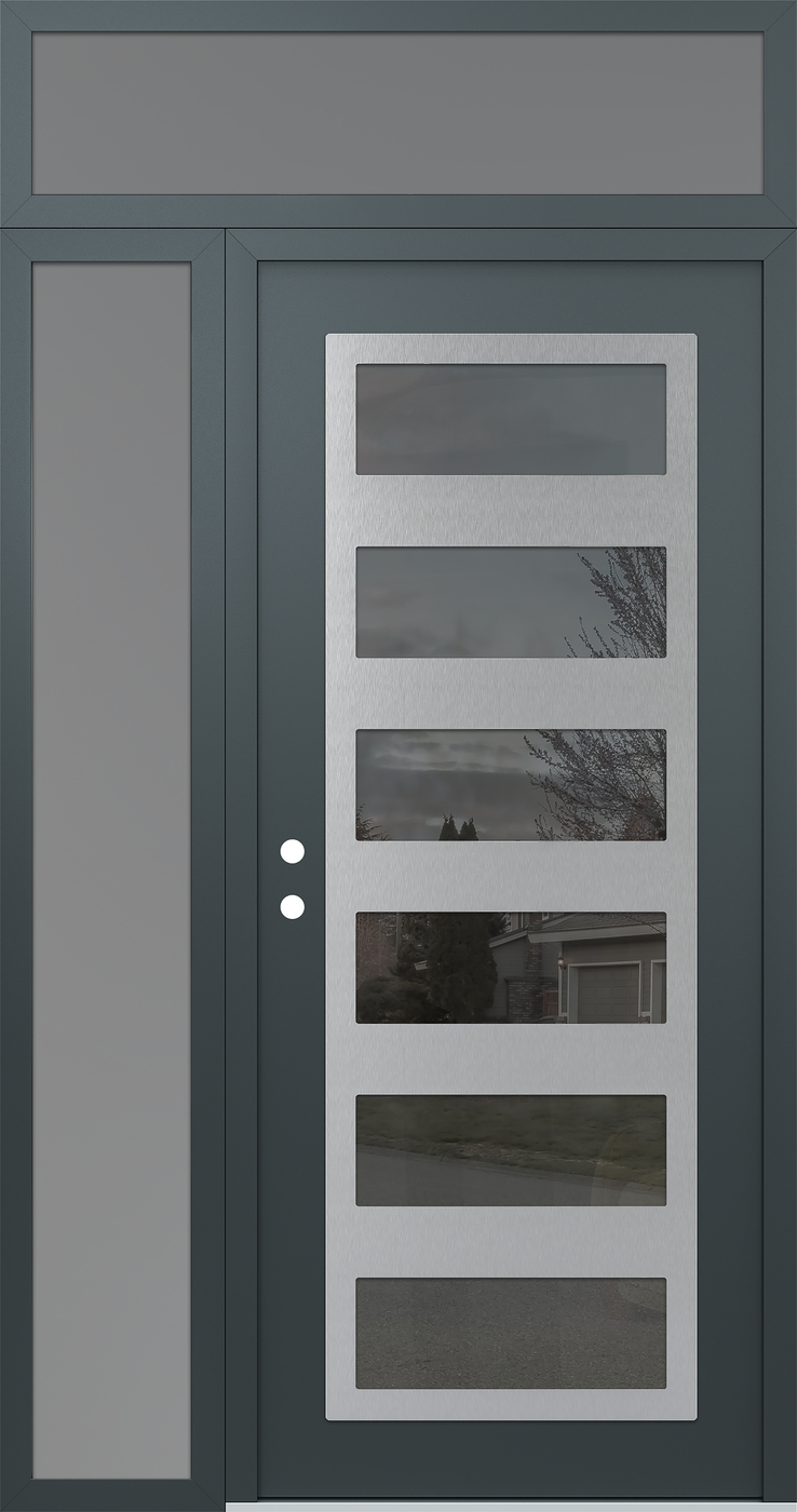 Modern Steel Front Door Diamond C9 48" x 96" anthracite/anthracite mirrored Glass Panel stainless steel RHI with Sidelite and Transom frosted Glass