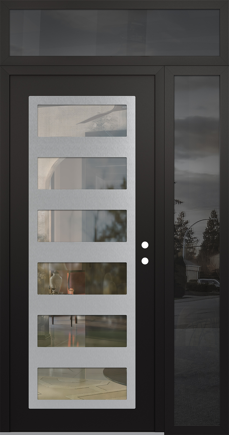 Modern Steel Front Door Diamond C9 48" x 96" black/black clear Glass Panel stainless steel LHI with Sidelite and Transom mirrored Glass