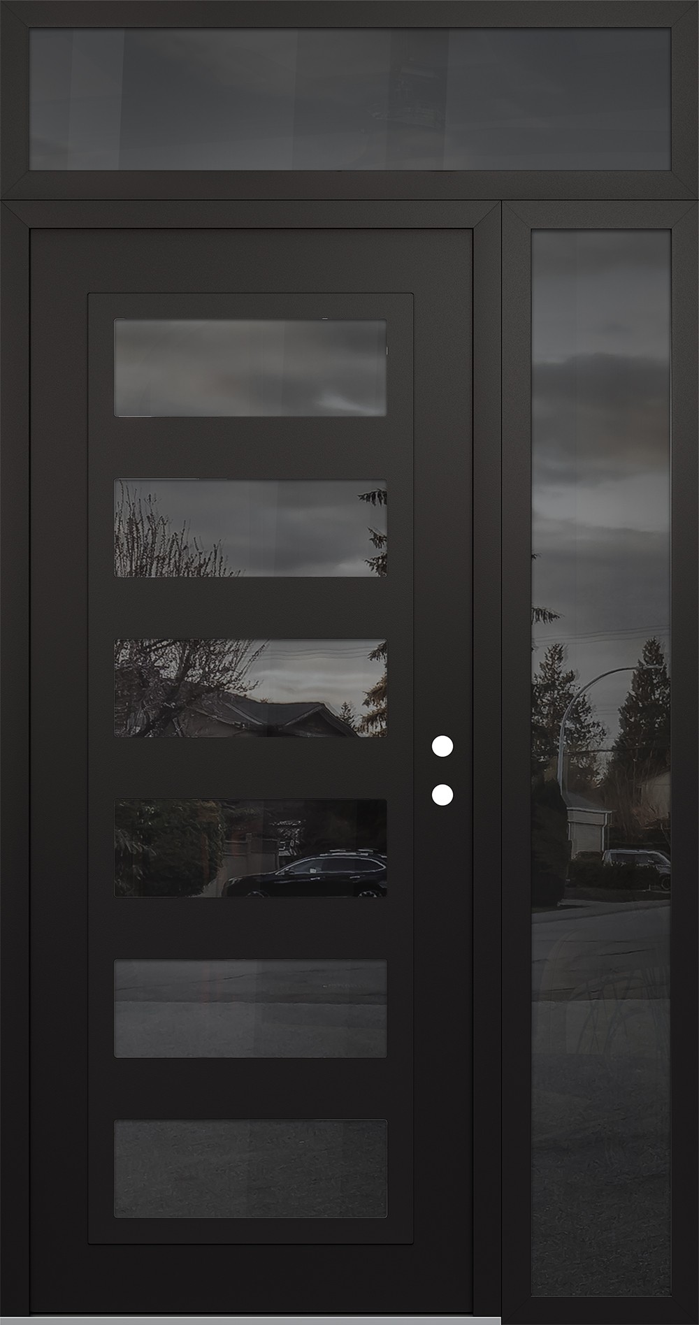 Modern Steel Front Door Diamond C9 48" x 96" black/black mirrored Glass Panel black LHI with Sidelite and Transom mirrored Glass
