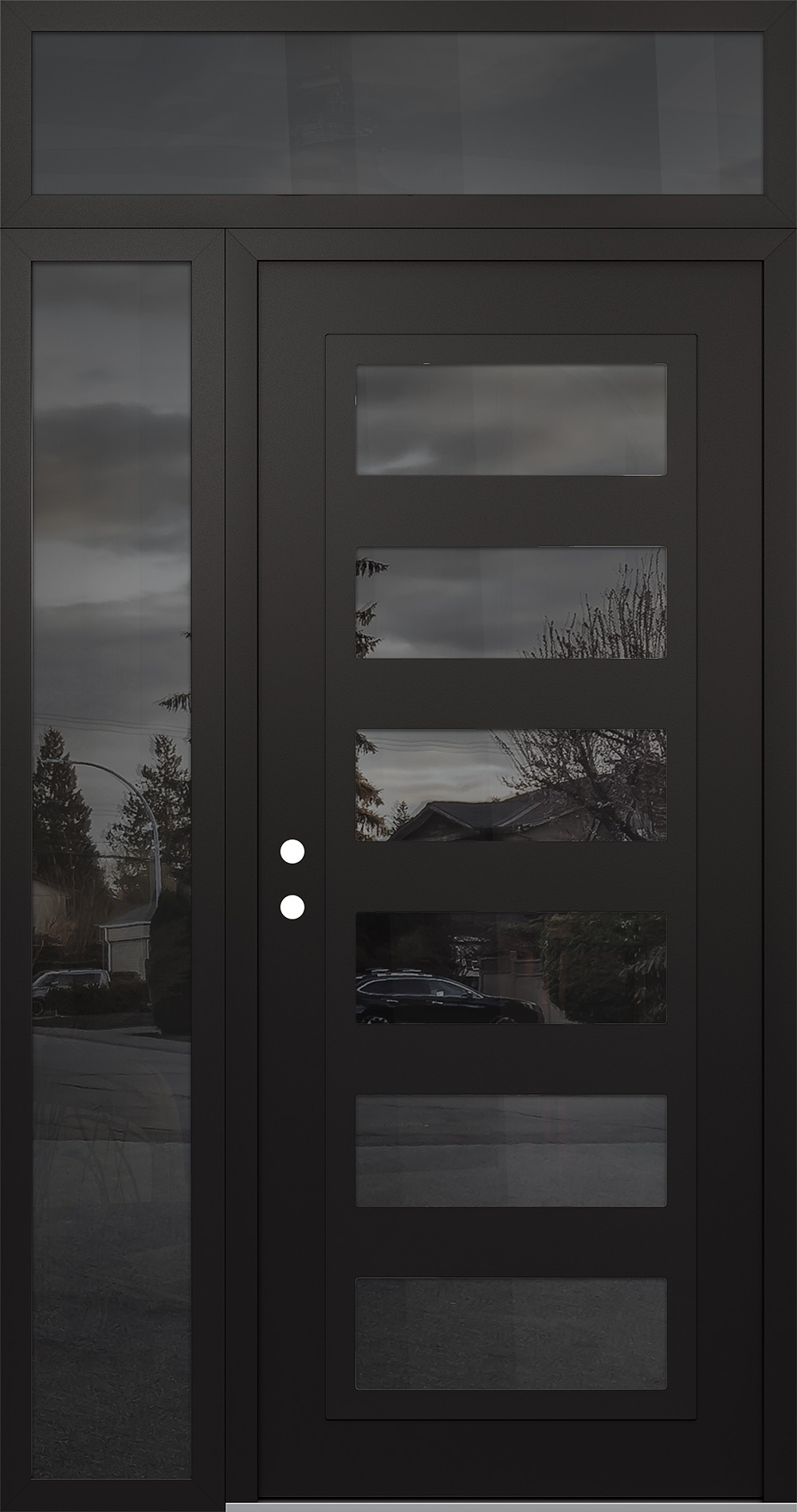 Modern Steel Front Door Diamond C9 48" x 96" black/black mirrored Glass Panel black RHI with Sidelite and Transom mirrored Glass