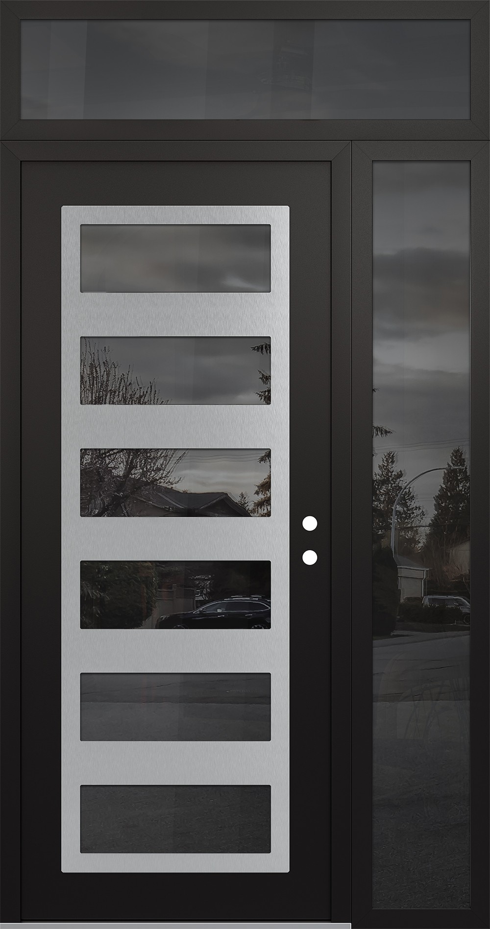 Modern Steel Front Door Diamond C9 48" x 96" black/black mirrored Glass Panel stainless steel LHI with Sidelite and Transom mirrored Glass