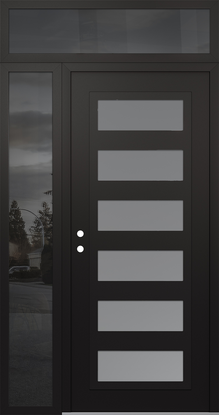 Modern Steel Front Door Diamond C9 48" x 96" black/white frosted Glass Panel black RHI with Sidelite and Transom mirrored Glass