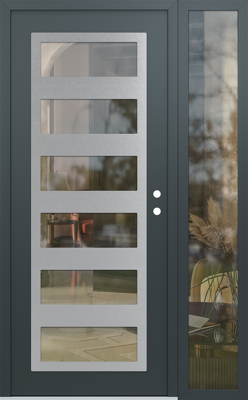 Modern Steel Front Door Diamond C9 50" x 80" anthracite/anthracite clear Glass Panel stainless steel LHI with Sidelite clear Glass
