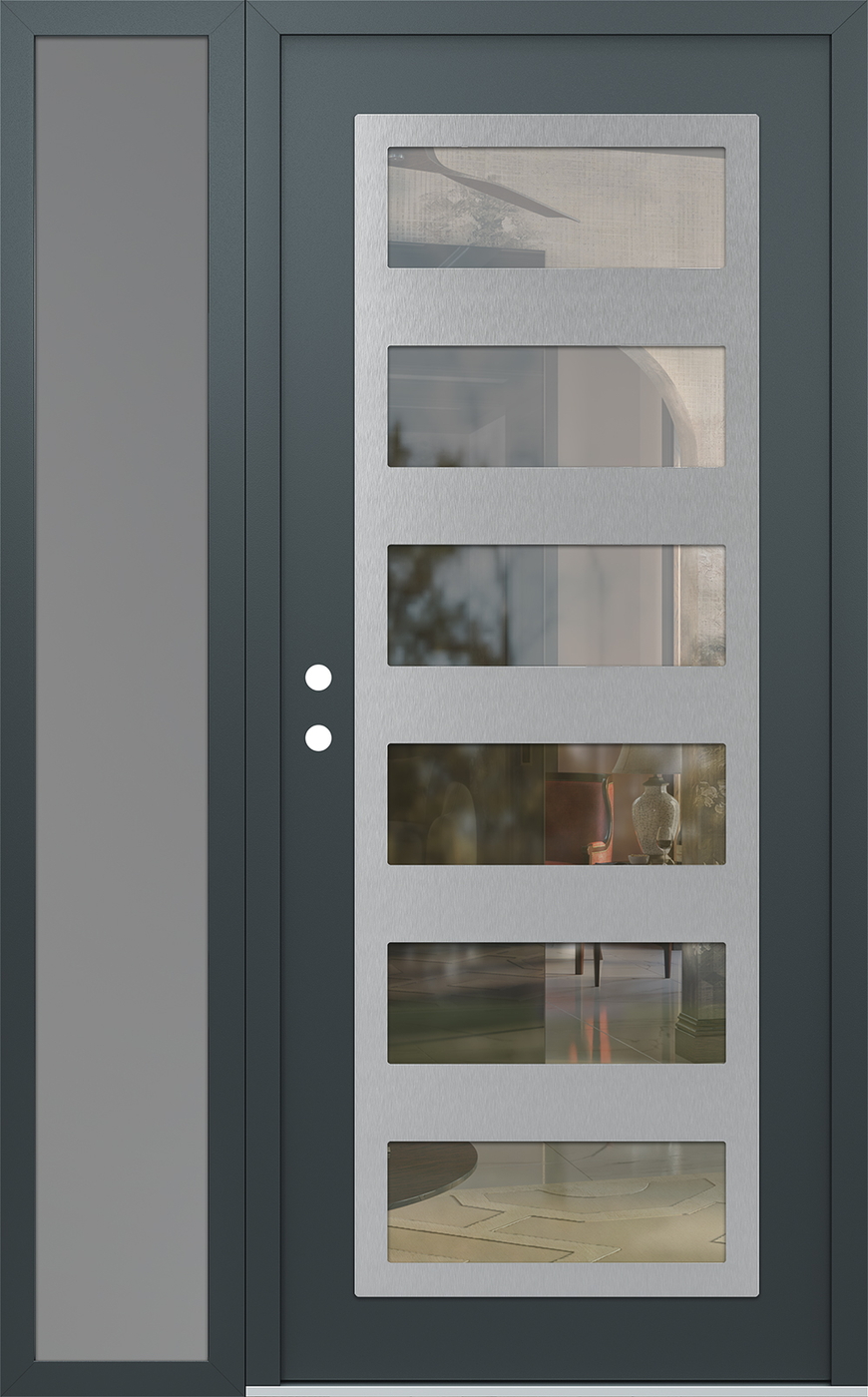 Modern Steel Front Door Diamond C9 50" x 80" anthracite/anthracite clear Glass Panel stainless steel RHI with Sidelite frosted Glass