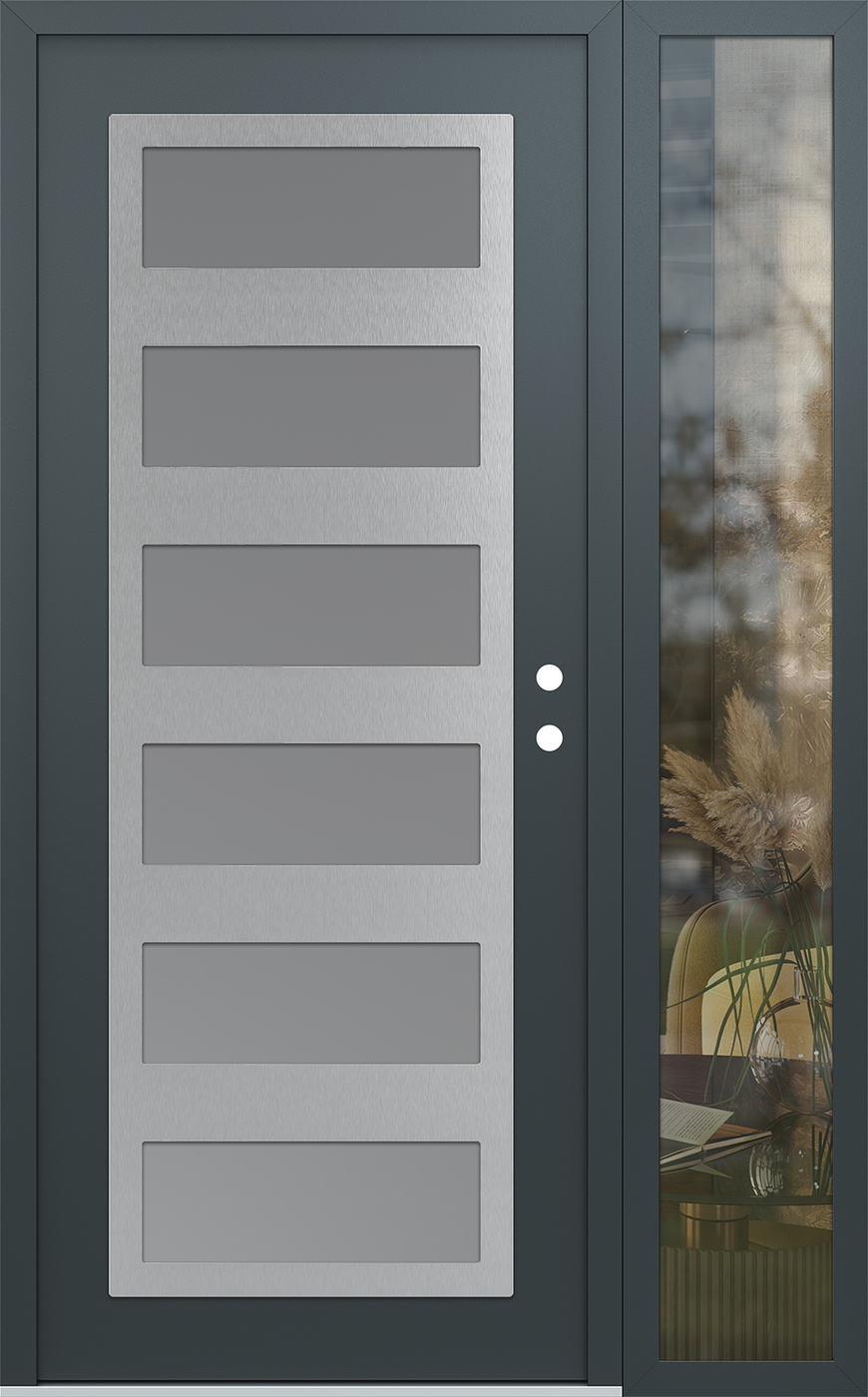 Modern Steel Front Door Diamond C9 50" x 80" anthracite/anthracite frosted Glass Panel stainless steel LHI with Sidelite clear Glass