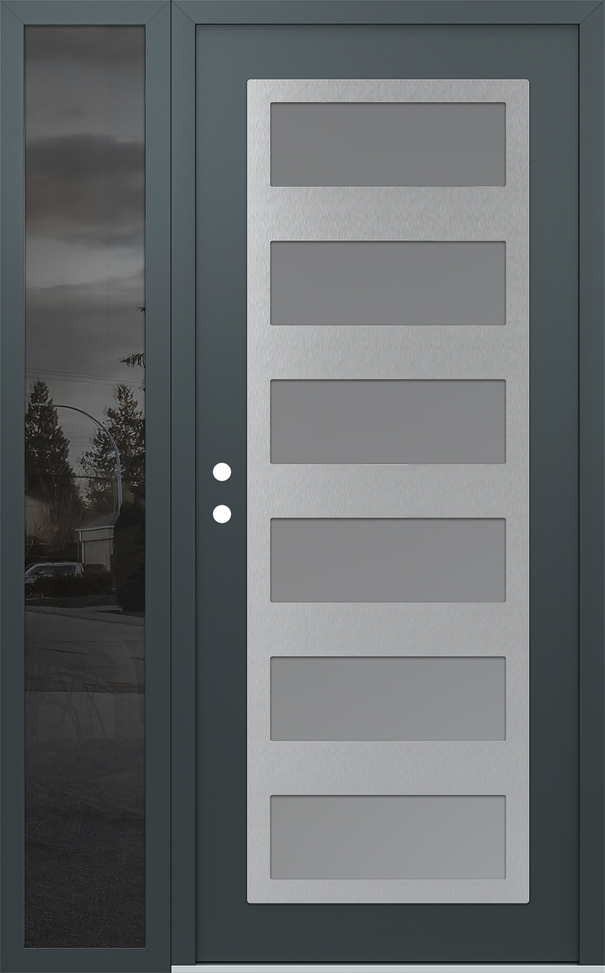Modern Steel Front Door Diamond C9 50" x 80" anthracite/anthracite frosted Glass Panel stainless steel RHI with Sidelite mirrored Glass