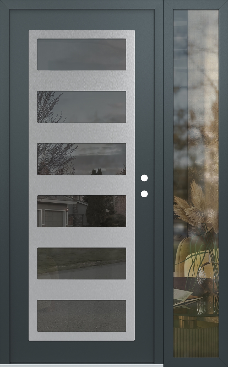 Modern Steel Front Door Diamond C9 50" x 80" anthracite/anthracite mirrored Glass Panel stainless steel LHI with Sidelite clear Glass