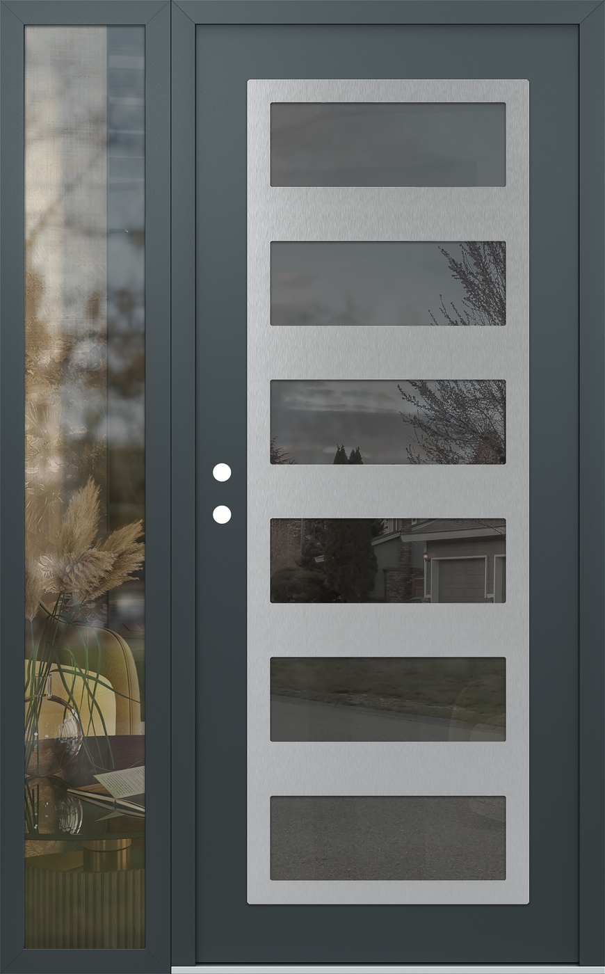 Modern Steel Front Door Diamond C9 50" x 80" anthracite/anthracite mirrored Glass Panel stainless steel RHI with Sidelite clear Glass